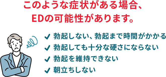 このような症状がある場合、EDの可能性があります。